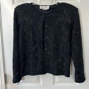 Adrienne Vittadini Black 100% Wool Intricately Beaded Open Front Jacket- Size L